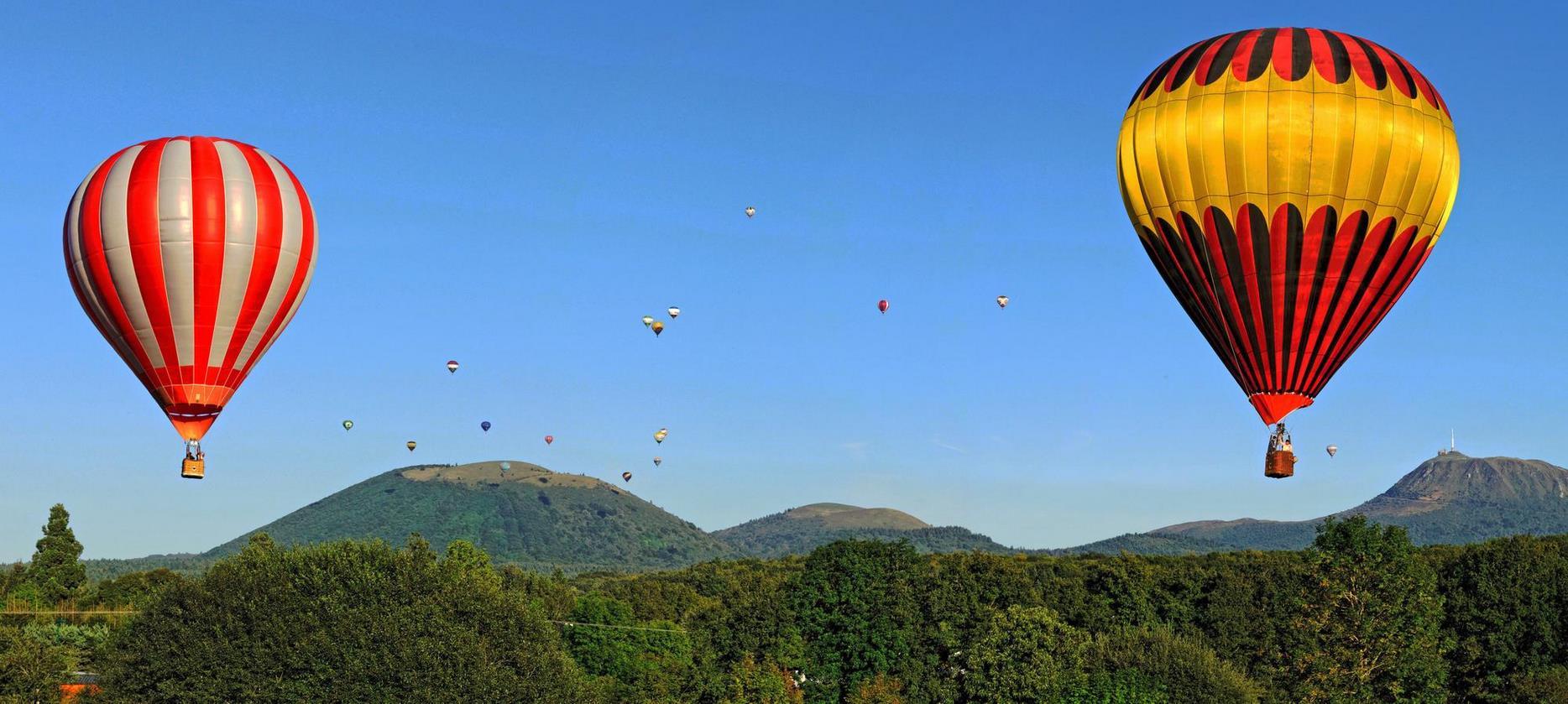 Hot air balloons flying over the Massif Central in Auvergne