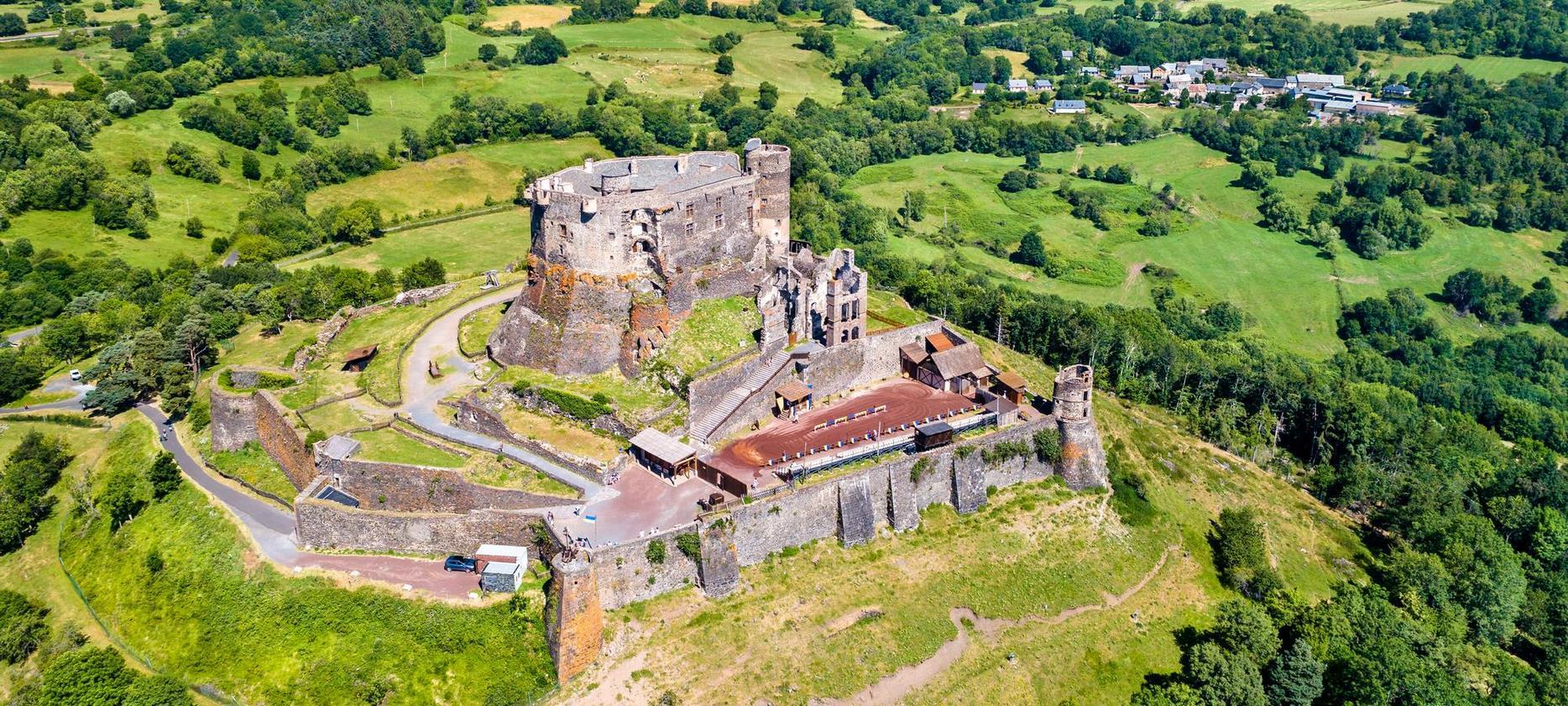 Aerial view of the castle of Murol, fortified castle in the Puy de Dôme