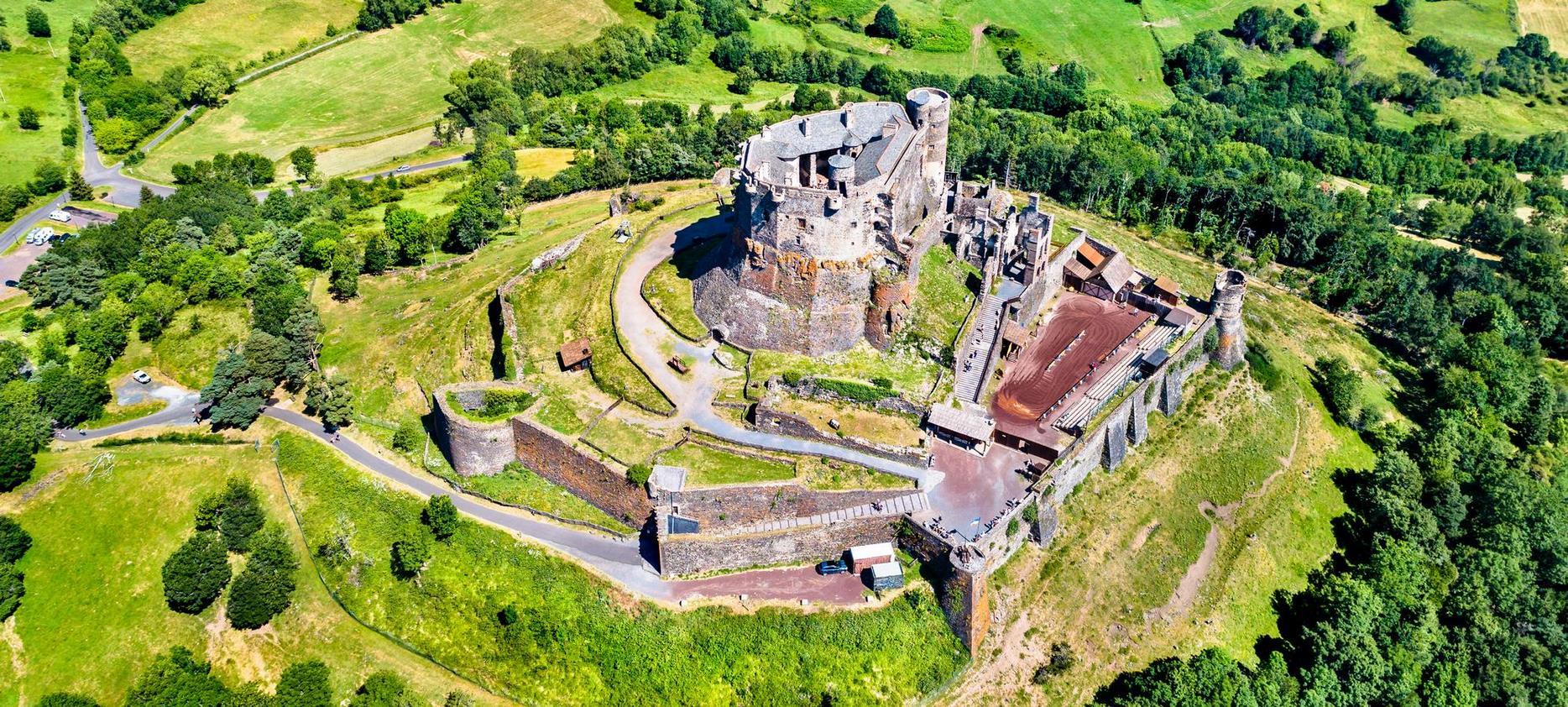 Aerial view of the castle of Murol, fortified castle in Auvergne