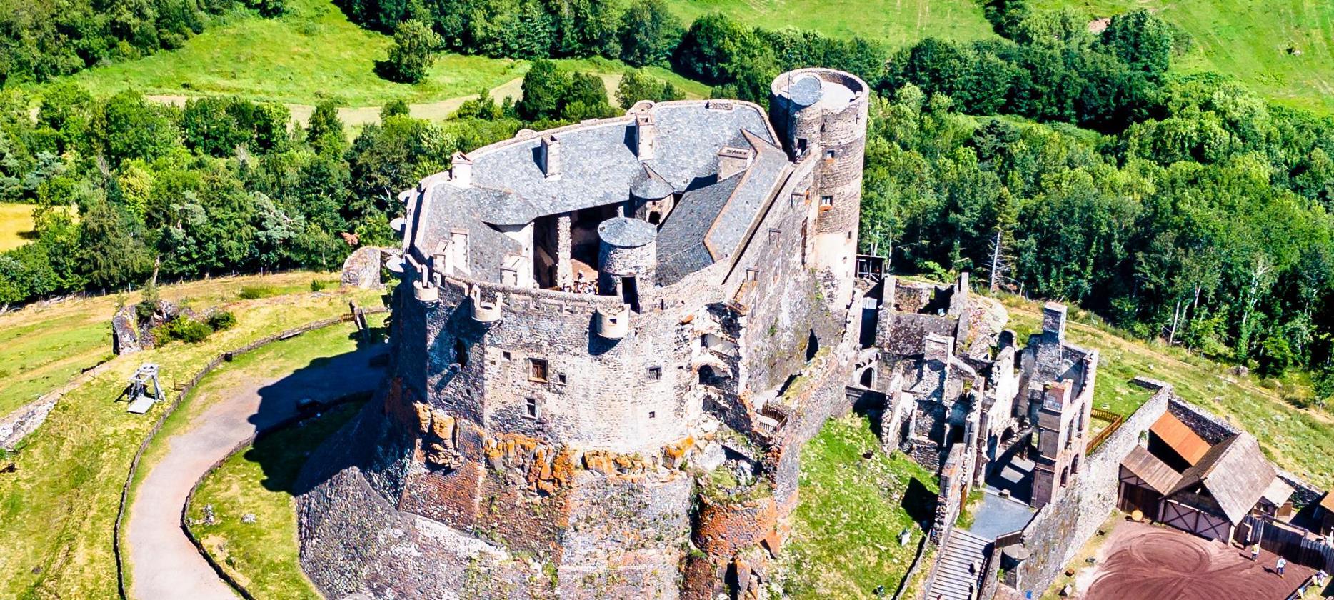 Aerial view of the castle of Murol, fortified castle in Murol