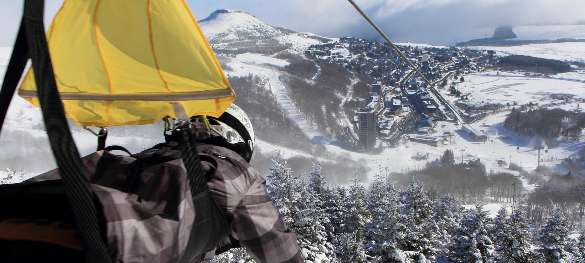 Super Besse - start of the Zipline and view of the ski resort of Super Besse