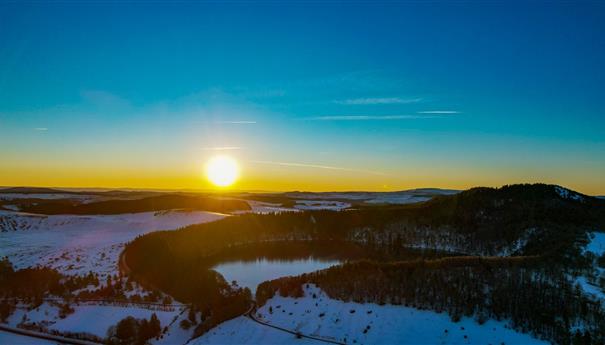 Sunrise over Lake Pavin and Puy de Montchal