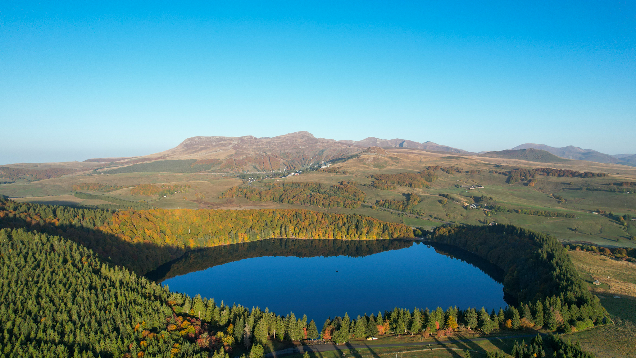 aerial view of Lac Pavin in its fall colors