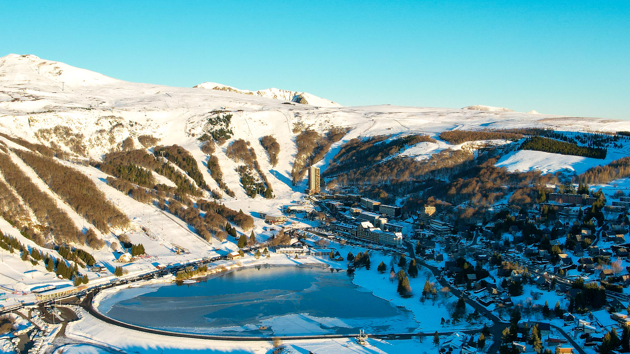 Super Besse from the sky, panorama of Super Besse at sunrise