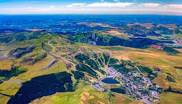Aerial photo of the Massif du Sancy, From Super Besse to the Puy de Sancy, view of the Chaudefour Valley