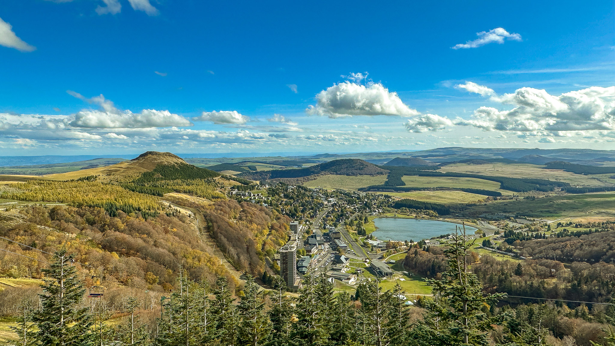 Panorama of the resort of Super Besse in Autumn, town of Super Besse, Lac des Hermines