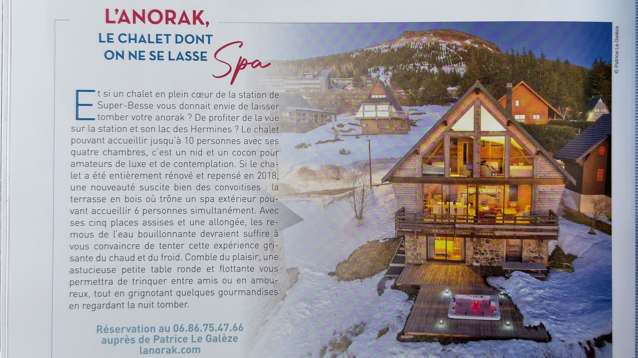 Massif Central magazine, article on the Anorak chalet, Spa chalet in Super Besse