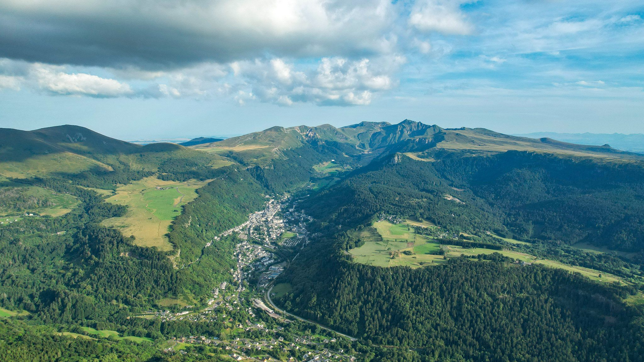 The Dordogne Valley, panorama of the Massif du Sancy and Mont Dore