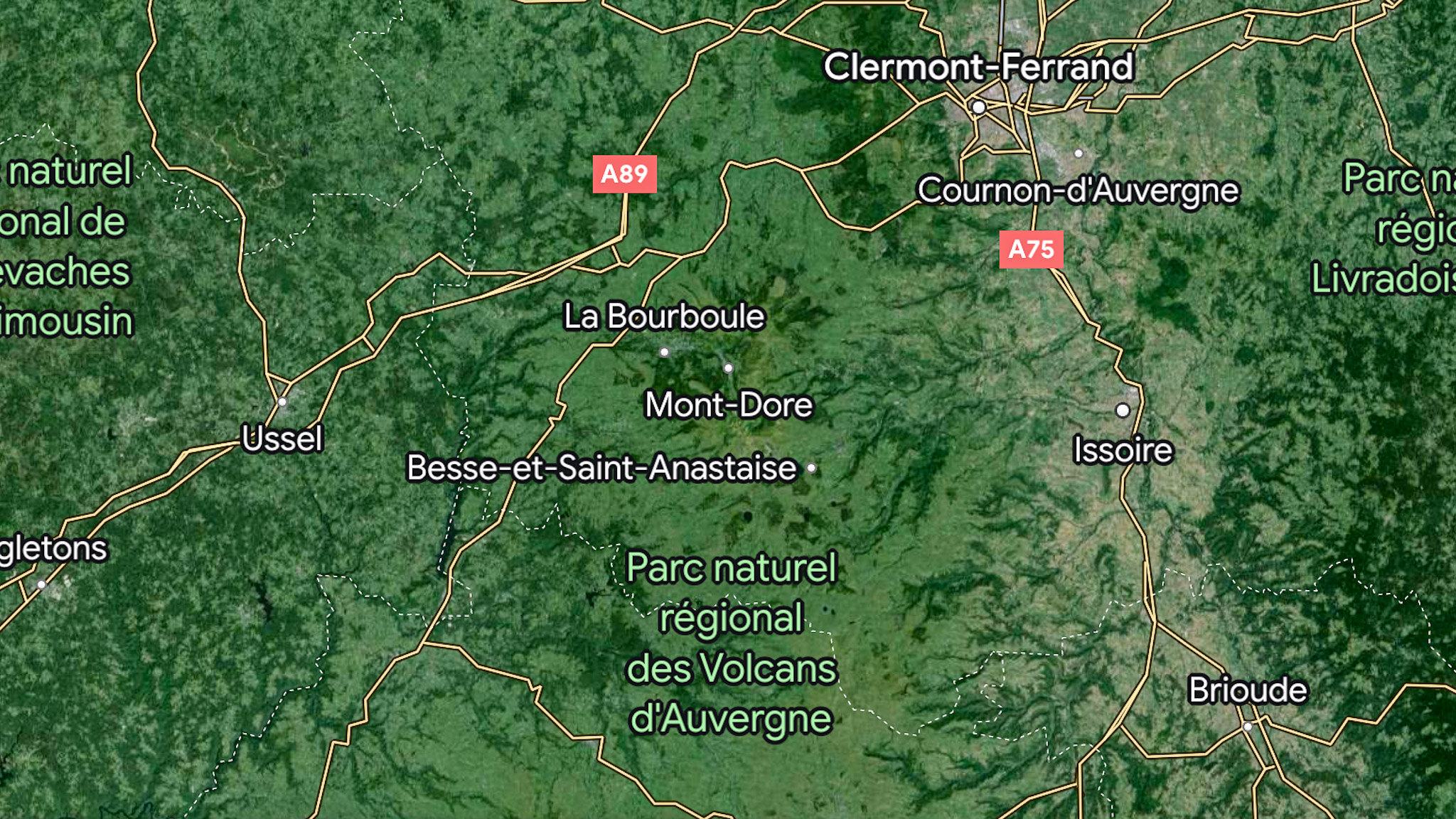 Satellite view of the Auvergne Volcanoes Regional Natural Park